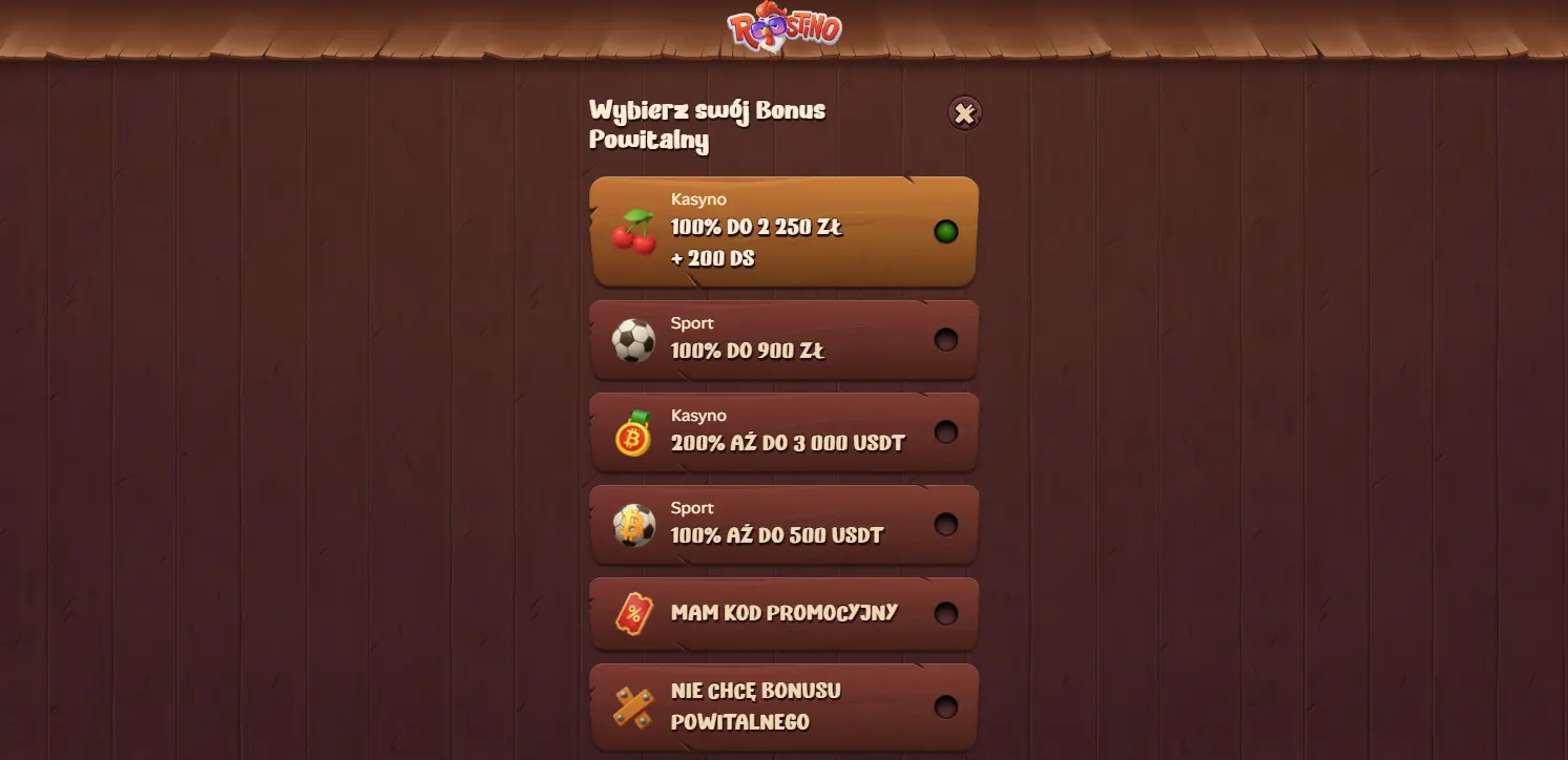 Bonus powitalny i wybór kierunku w Roostino Casino